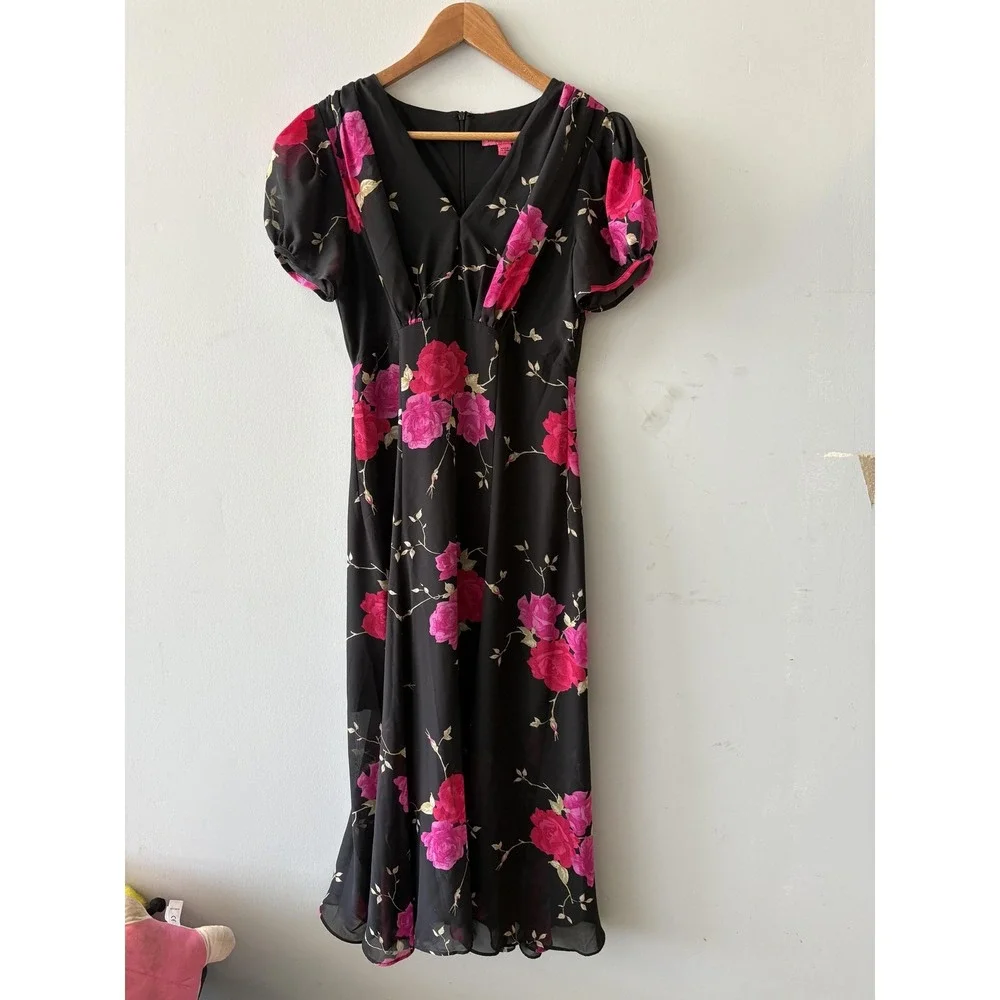 betsey johnson floral midi dress Vintage Betsey Johnson New York 6 Floral Midi Dress Purple Sheer Split Sleeve